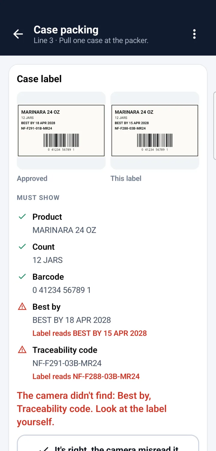 A case label check catching a wrong date code